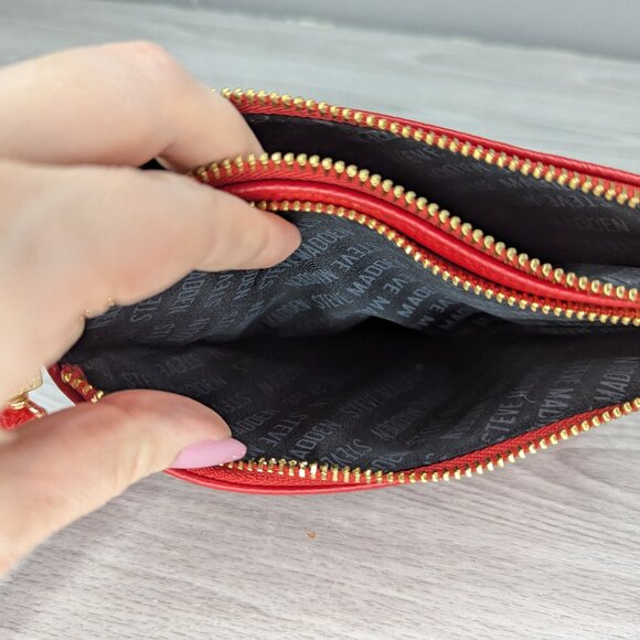 Steve Madden Red Faux Leather Gold Tone Accents 2 Zip Wristlet Wallet 8" x 5" - Picture 8 of 13